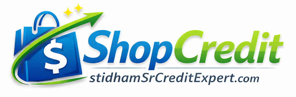 ShopCredit logo by Stidham Sr Credit Expert featuring a shopping bag and upward arrow symbolizing smart credit shopping